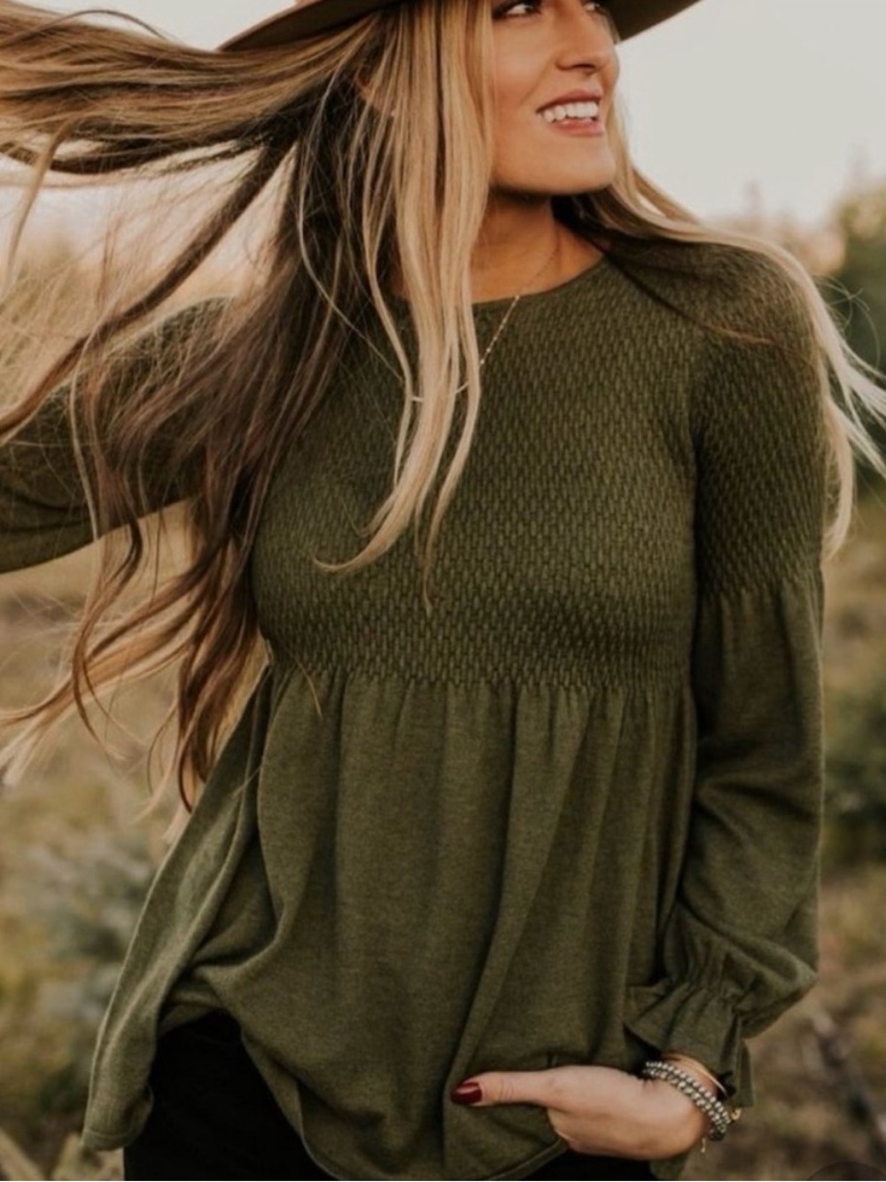 Roolee - Olive Smocked Long Sleeve Top